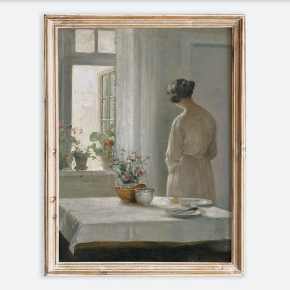 European Vintage Rustic Woman Portrait Sunlit Breakfast Oil Painting Wall Art Print Antique Girl Poster Moody Muted Farmhouse Vp155
