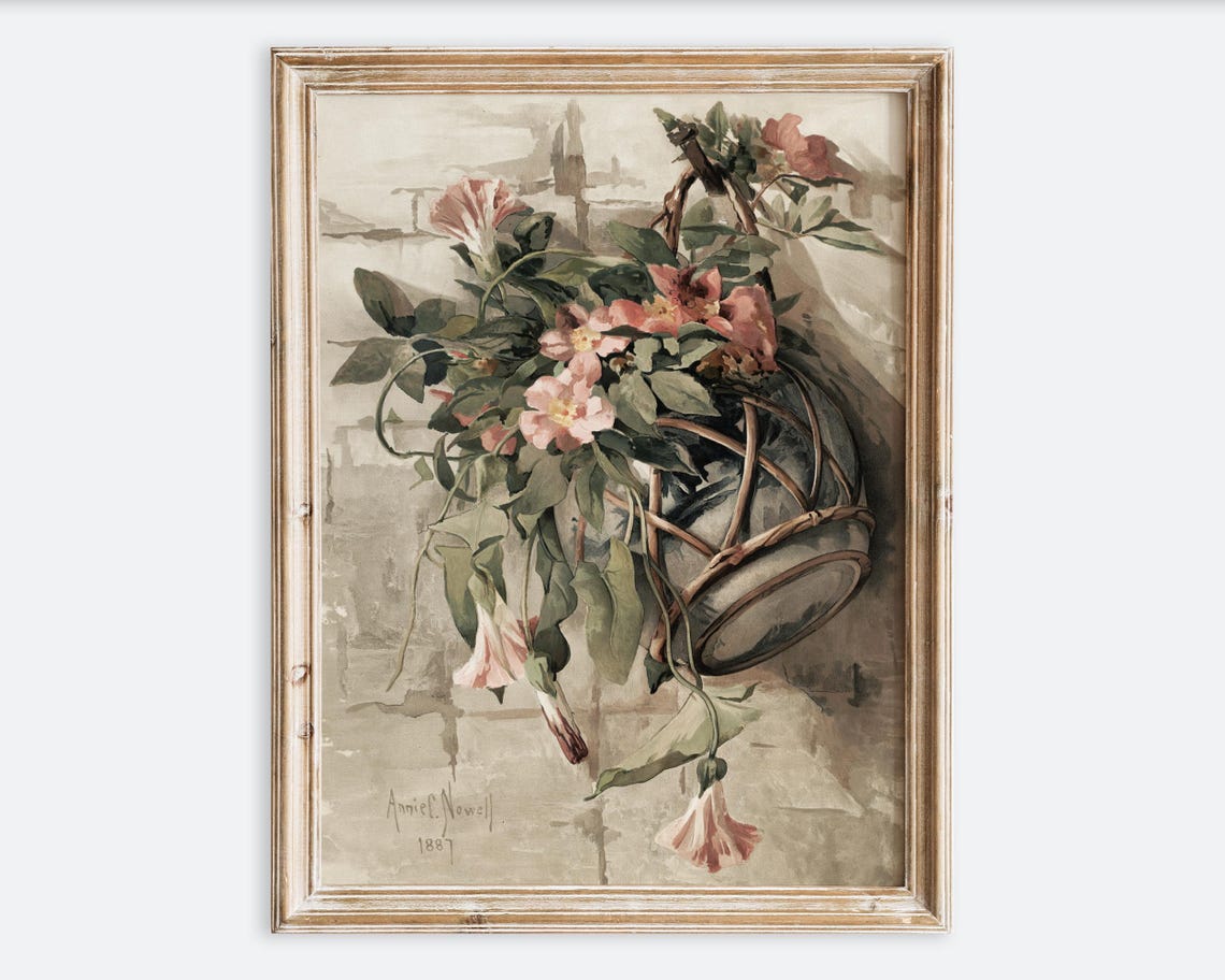 European Vintage Pink Flowers In Hanging Vase Still Life Floral Wall Art Print Rustic Antique Oil Painting Neutral Farmhouse Poster Vp210