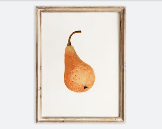 Vintage Pear Fruit Still Life Wall Art Print Minimal Botanical Food Watercolor Painting Poster Rustic Kitchen Moody Farmhouse Vp425