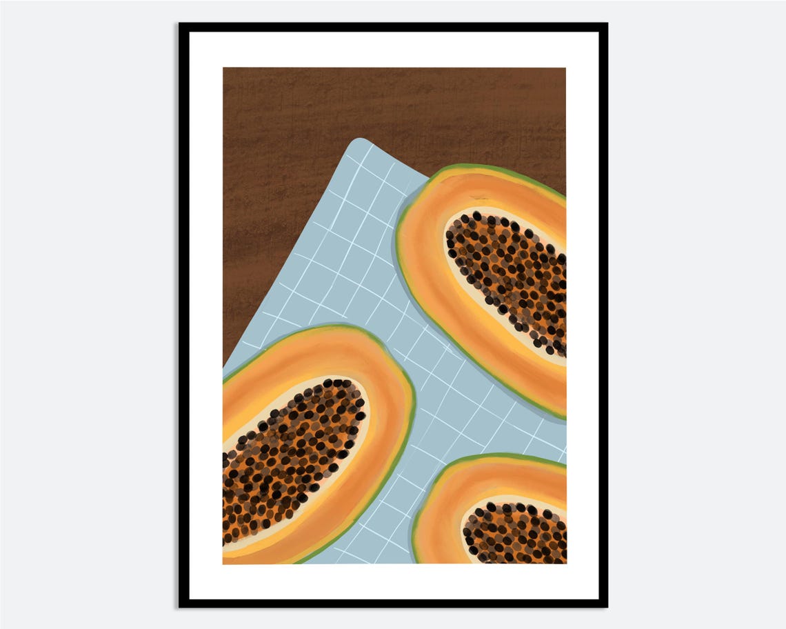Sliced Papaya Halves Tropical Fruit Kitchen Illustration Poster