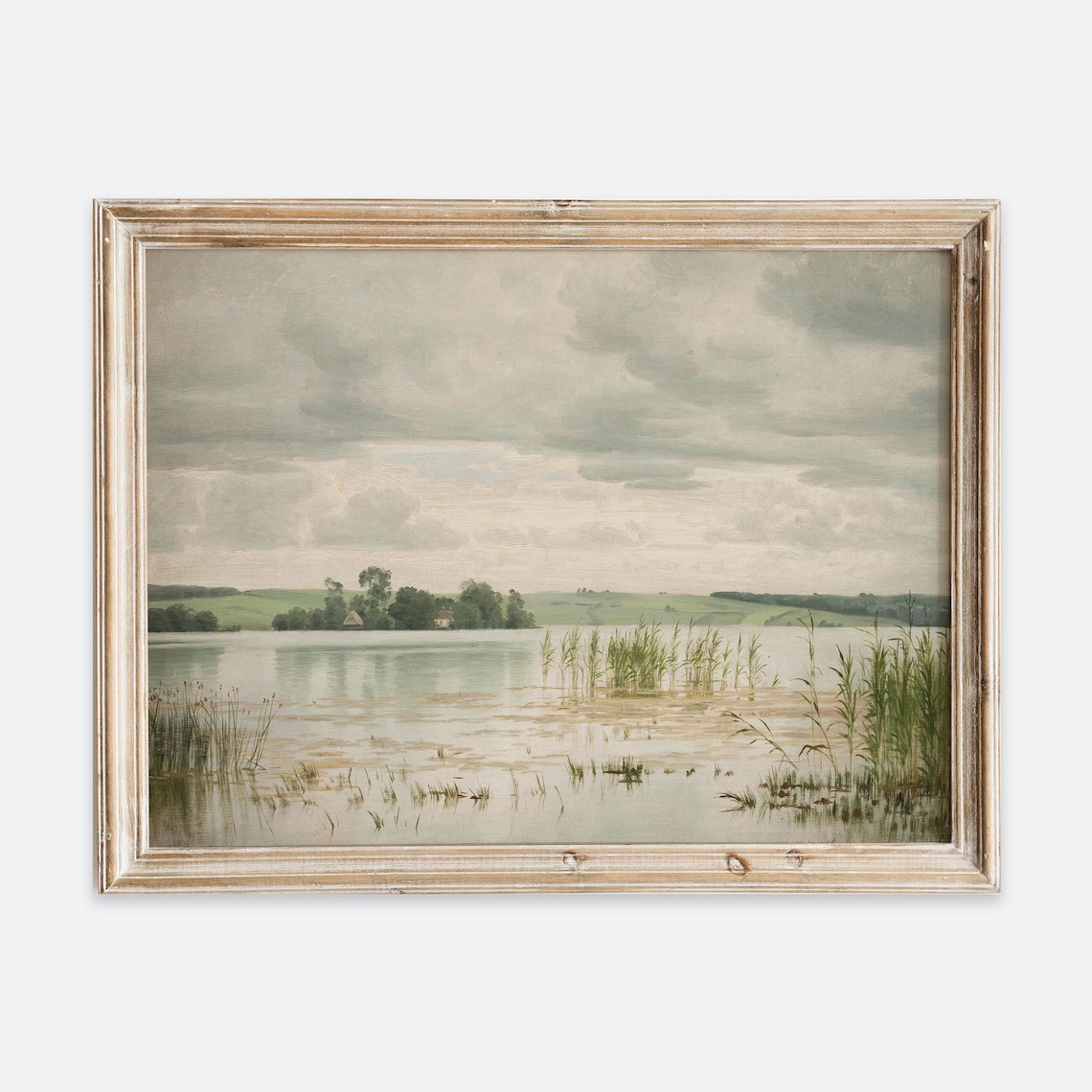 Countryside Lake Reeds Farmhouse Vintage Rustic Waterfront Scene Poster