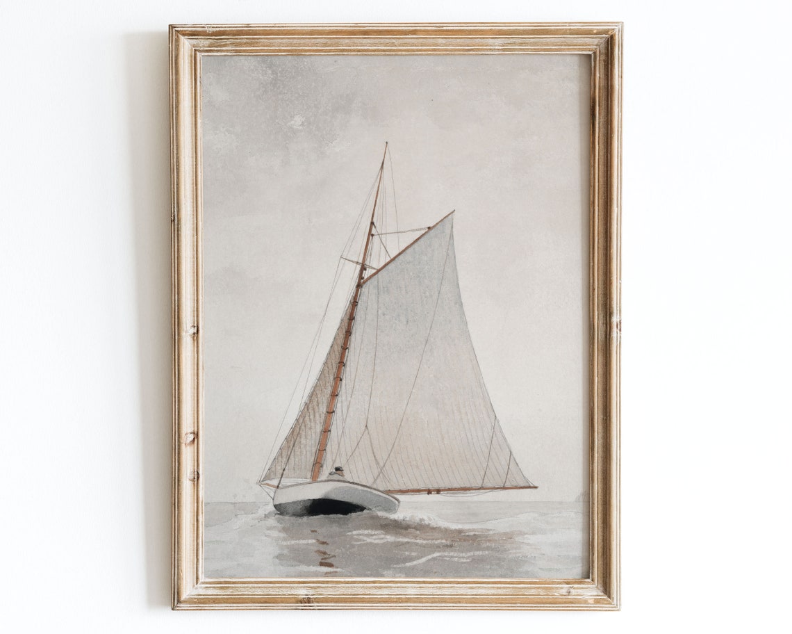 European Vintage Sailboat Wall Art Print Rustic Coastal Boat In Sea Oil Painting Antique Country Farmhouse Muted Minimalist Poster Vp44