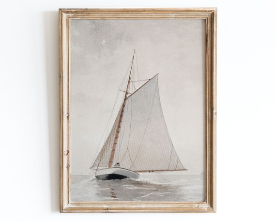 Sailboat with Full Sails on Misty Water Serene Vintage Marine Poster
