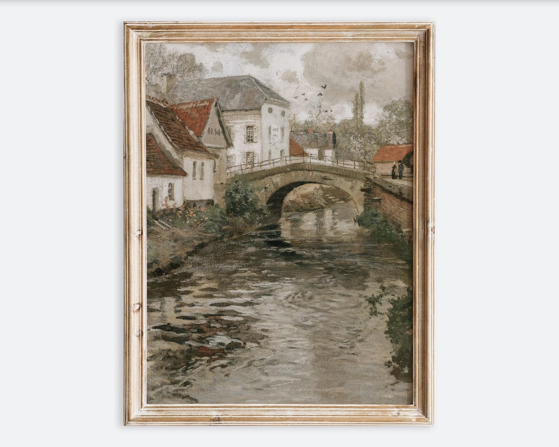 Rustic Vintage European Small Town Water Canal Oil Painting Wall Art Print Neutral Muted Landscape Poster Antique Moody Farmhouse Vp196