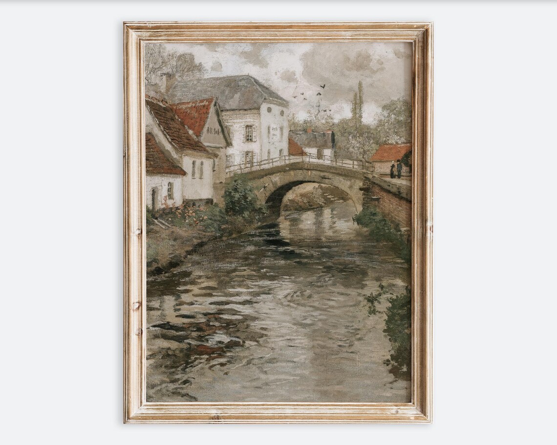 Vintage European Canal Town Stone Bridge Oil Painting Poster