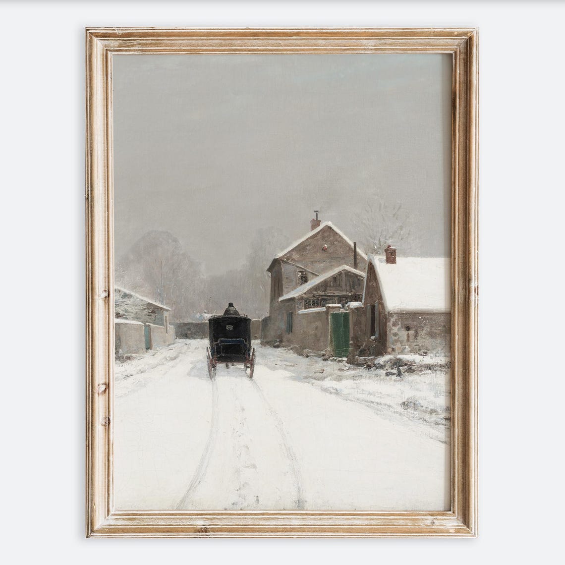 Rustic Vintage European Snow Village Winter Landscape Oil Painting Wall Art Print Snowy Town Poster Antique Moody Farmhouse Decor Vp177