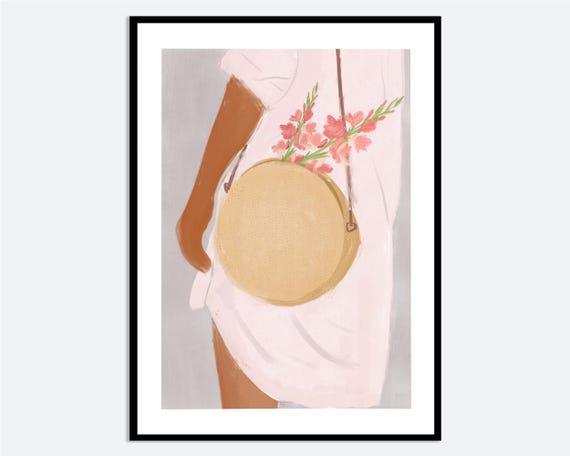 Girl In Pink Dress Flower Bag Wall Art Print Contemporary Modern Hand Drawn Illustration Colorful Spring Floral Poster Ma17