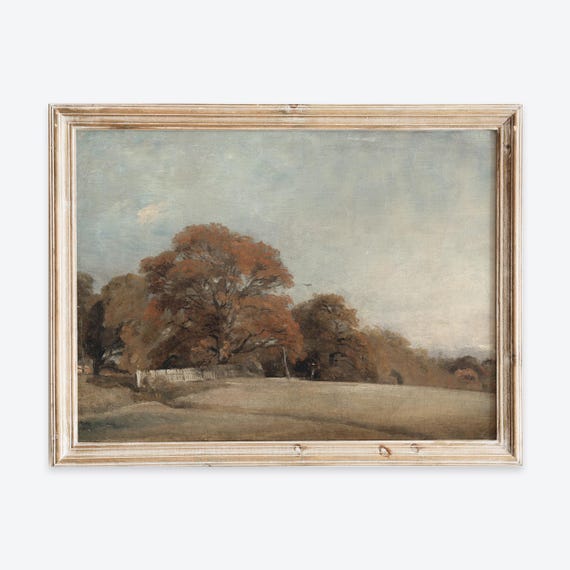 Rustic Vintage Autumn Oak Tree Landscape Oil Painting Poster