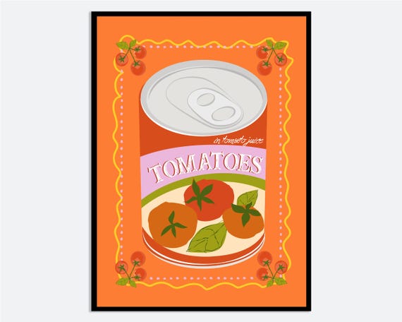 Canned Tomato Food Wall Art Print Hand Drawn Pop Style Kitchen Illustration Modern Pantry Poster Colorful Cooking Decor Ma185