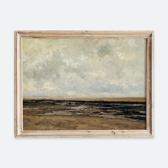 Muted Coastal Beach Tide Vintage Rustic Oil Painting Wall Art