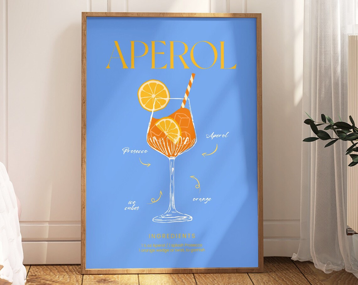 Aperol Spritz Cocktail Recipe Blue Vintage Illustration Art Poster