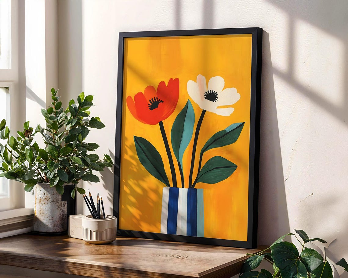 Bold Floral Wall Art Modern Flower Print Red White Poppies Colorful Vase Art Abstract Botanical Boho Home Decor - Image 4