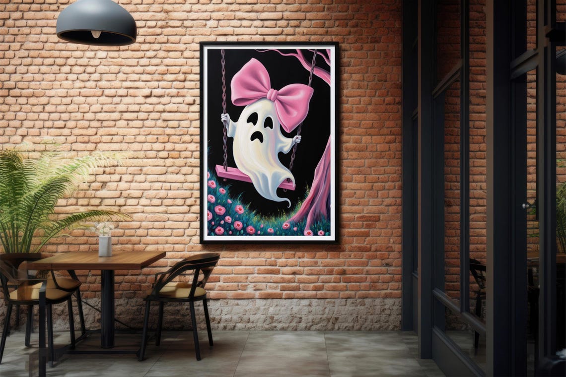 Cute Ghost With Pink Bow On A Swing Under A Pink Tree Halloween Poster - Image 2