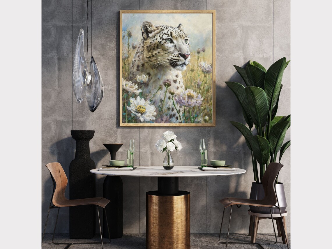Snow Leopard Among Wildflowers Elegant Wildlife Oil Painting Art Poster - Image 3