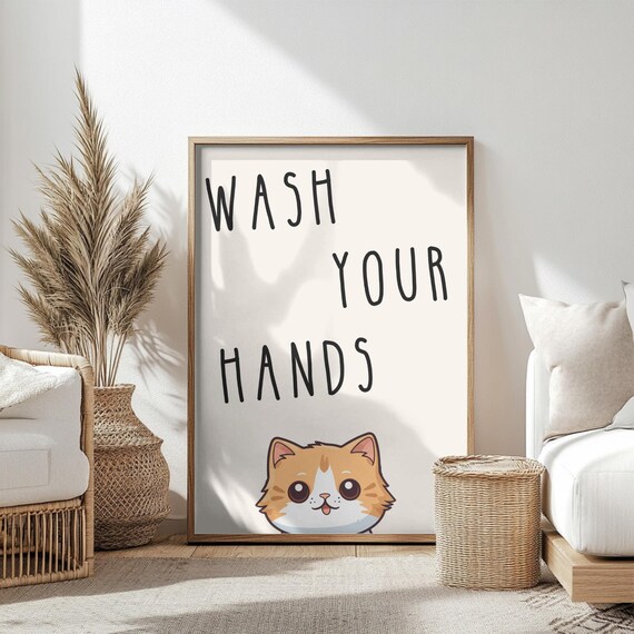Wash Your Hands Cute Orange Cat Kawaii Bathroom Decor Poster