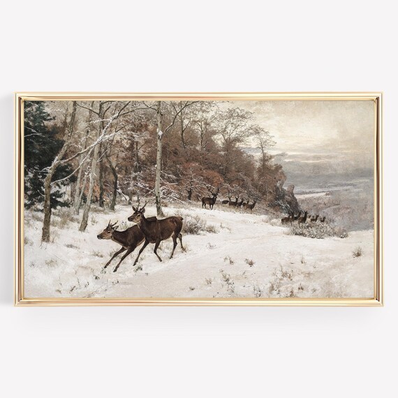 Winter Deer Snowy Forest Landscape Vintage Wildlife Decor Poster