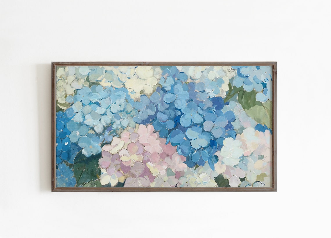 Blue Hydrangea Blossoms Close Up Impressionist Floral Art Poster - Image 3