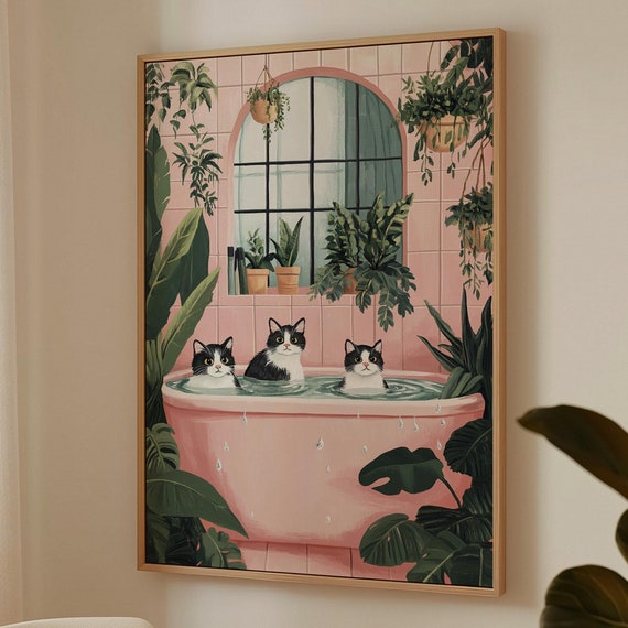 Whimsical Cat Trio In Pink Bathtub Art Print
