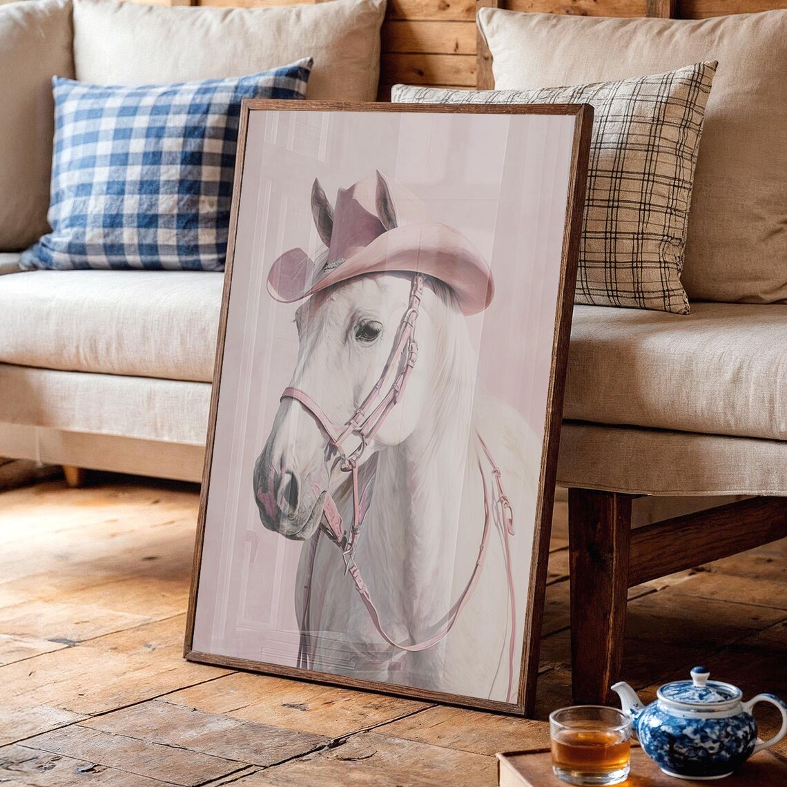 White Horse In Pink Cowboy Hat Soft Western Portrait Art Poster