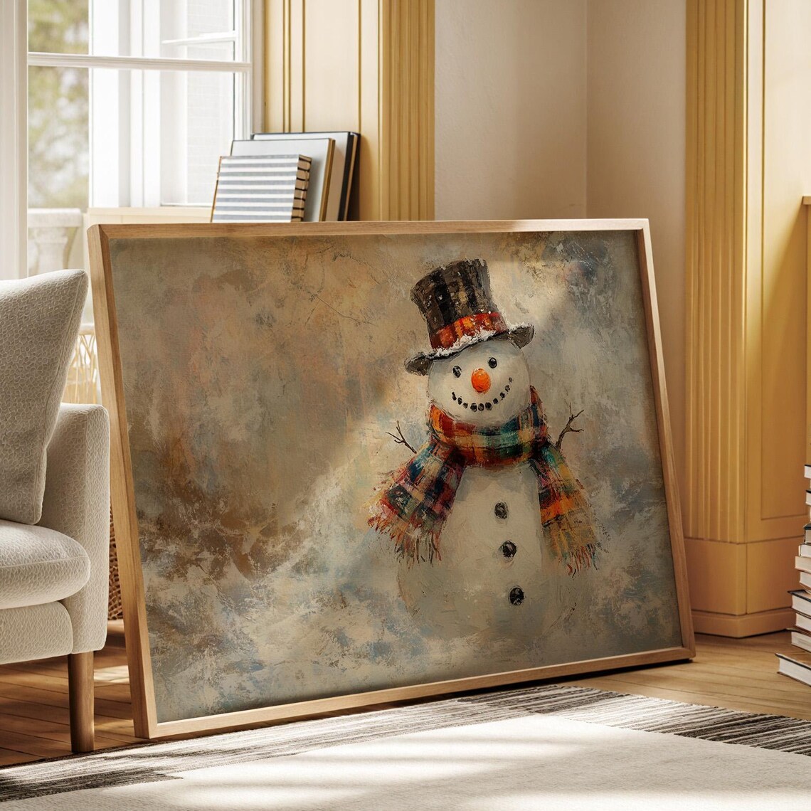 Cheerful Snowman in a Tall Top Hat and Colorful Plaid Scarf Art Poster