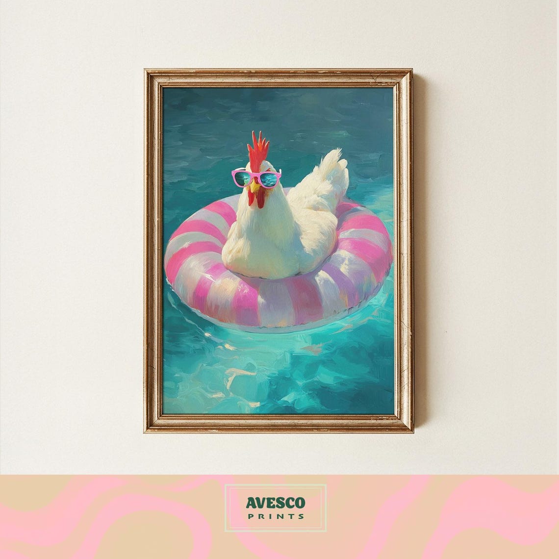 Chicken In Rubber Ring Art Print, Beach Rooster Decor