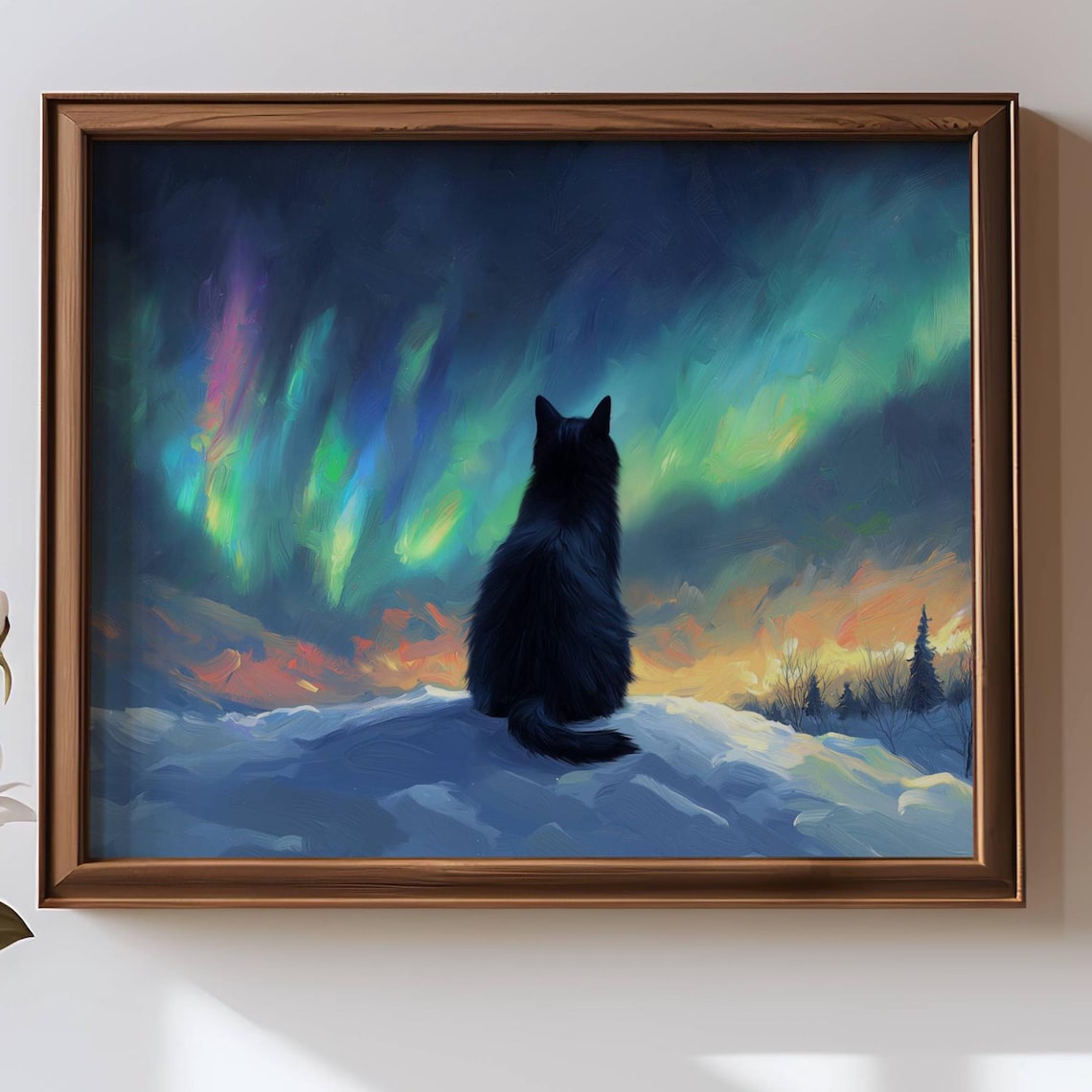 Black Cat and Aurora Borealis, Nature Art Print