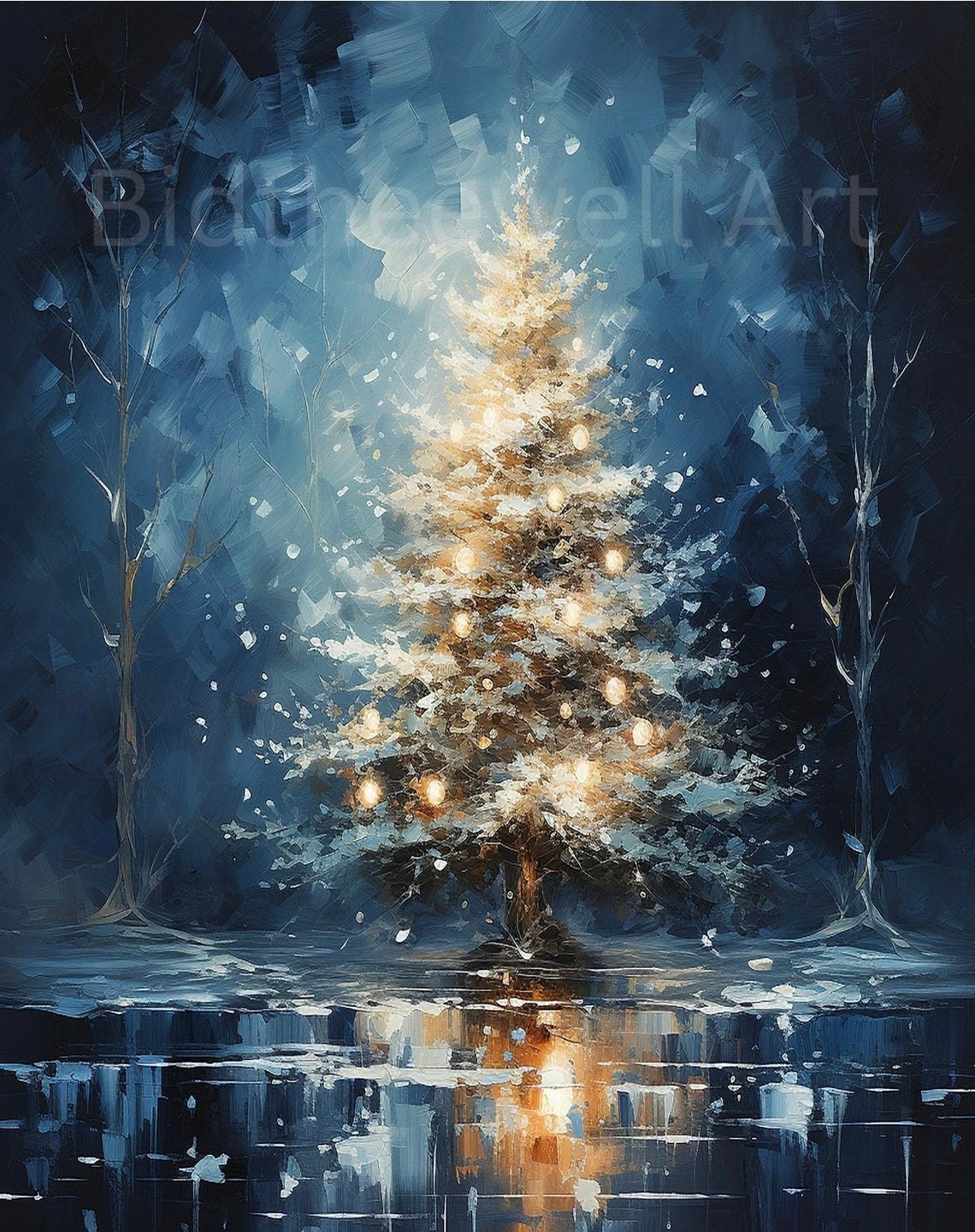 Snow Covered Christmas Tree Golden Lights Blue Winter Night Poster - Image 2