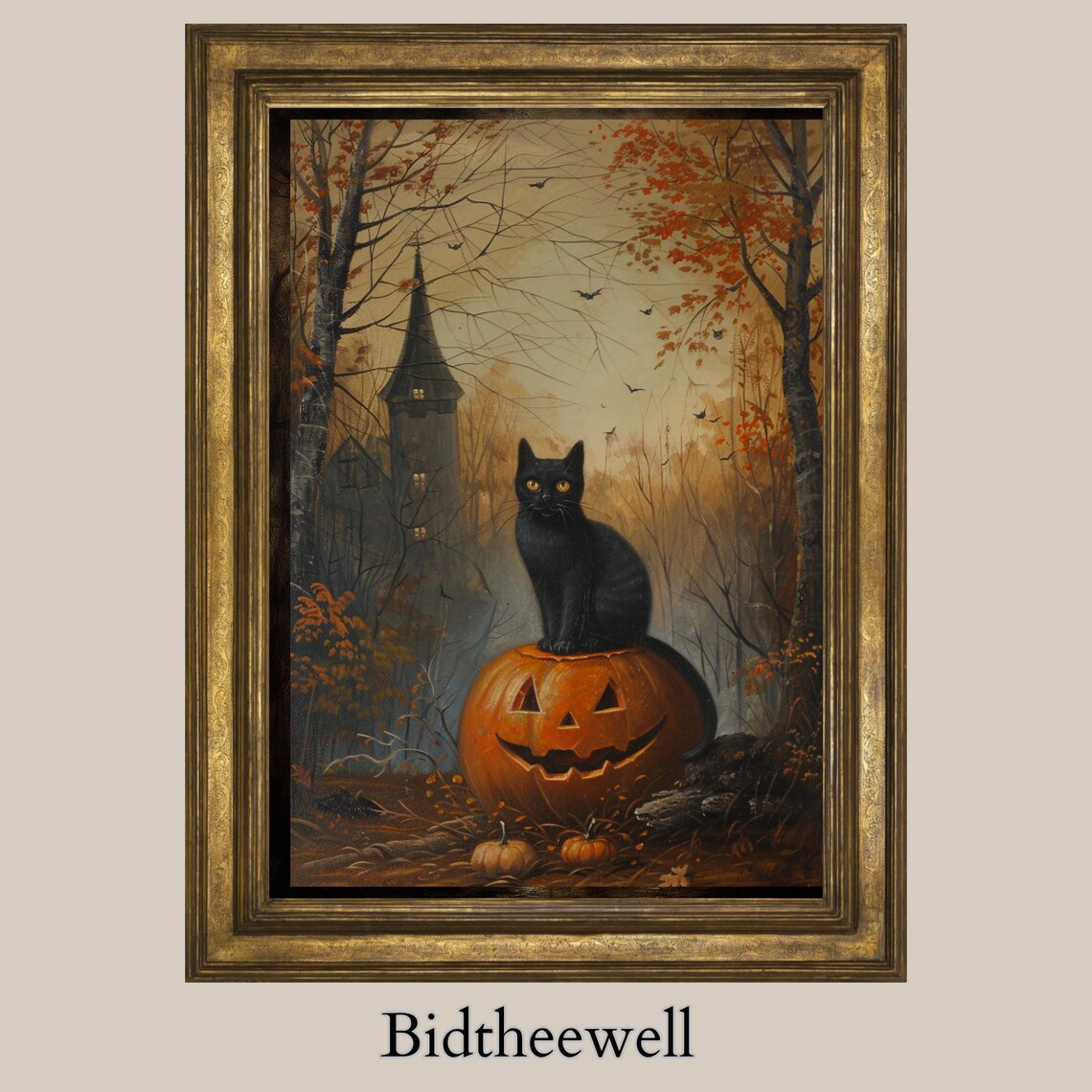 Cat on a Pumpkin Halloween Art Print, Gothic Decor