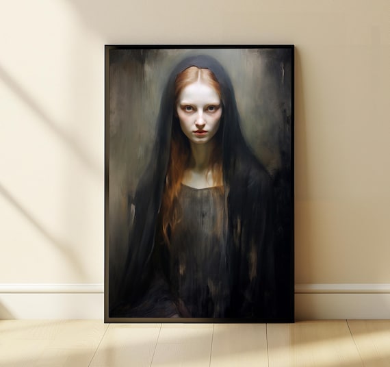 Gothic Red-Haired Woman in Dark Hood Moody Oil Portrait Poster