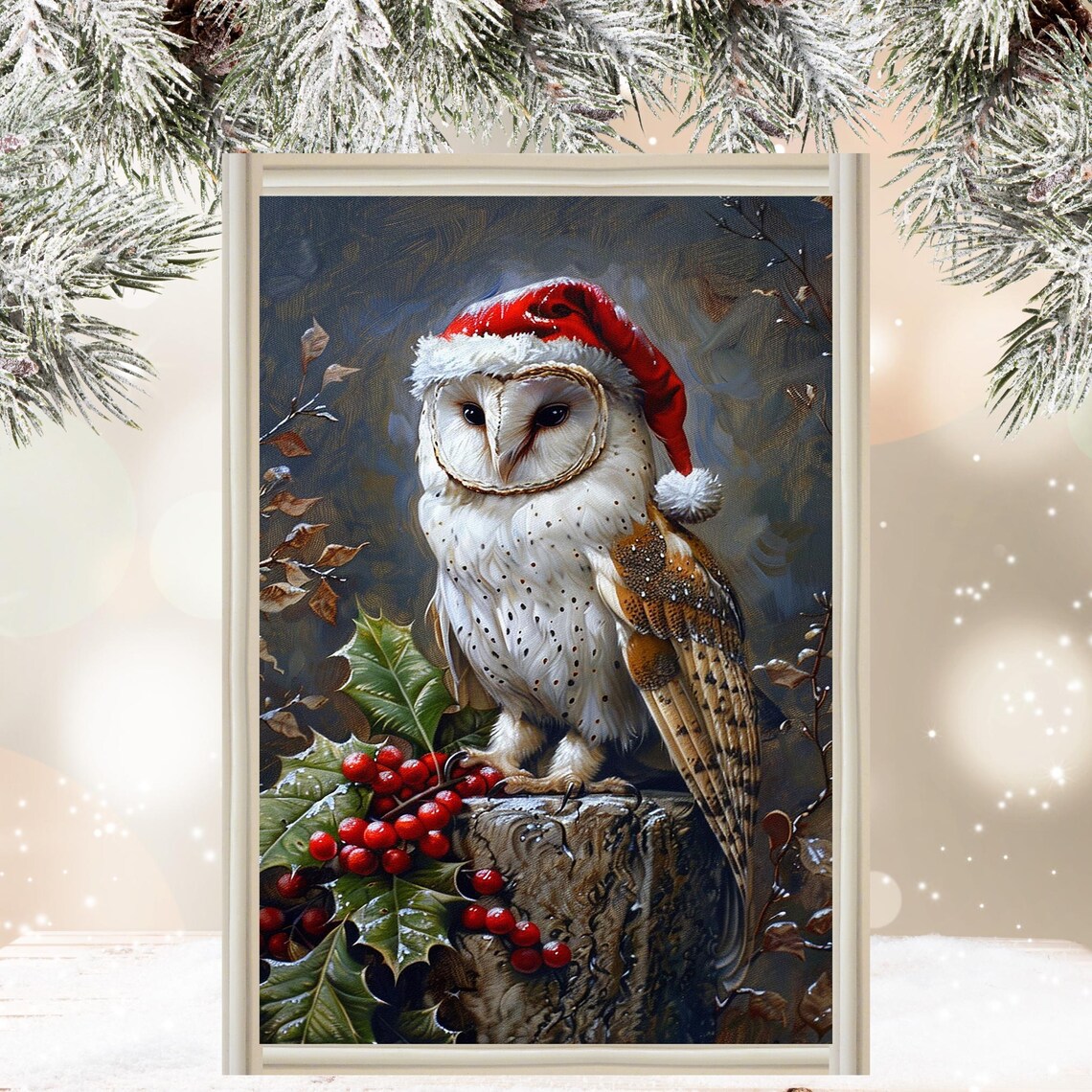 Christmas Owl Art Print, Quirky Holiday Decor