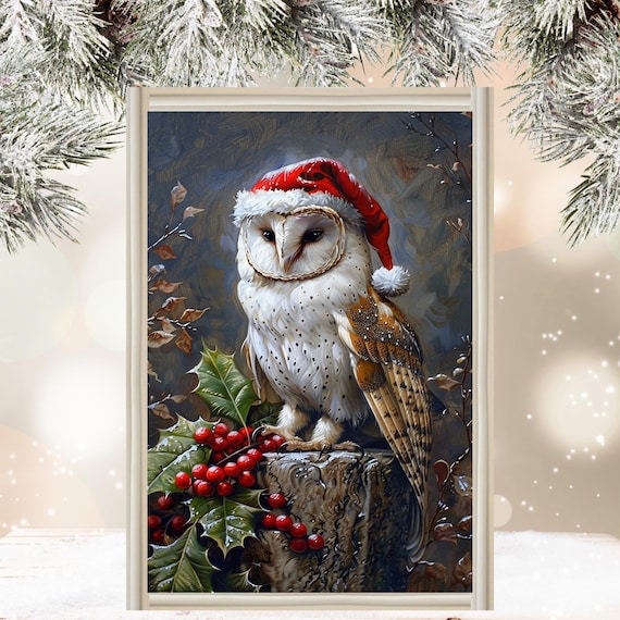 Christmas Owl Art Print, Quirky Holiday Decor