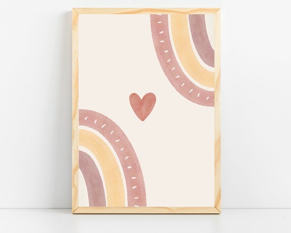 Pink Rainbow Print Baby Girl Nursery Wall Decor Kids Room Art Boho Heart Artwork Playroom Poster Blush Gold Toddler Picture