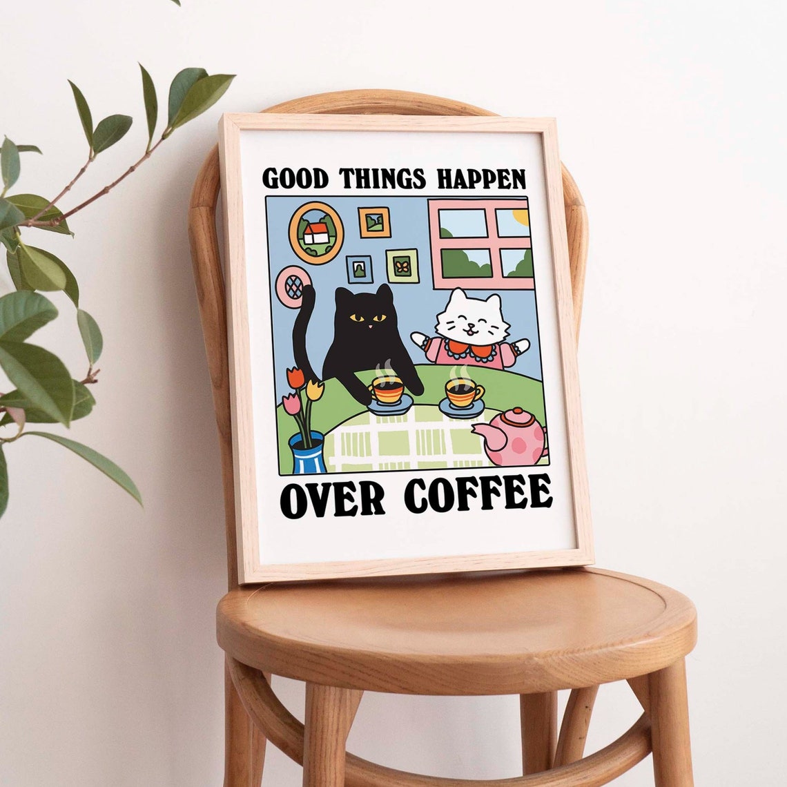 Good Things Happen Over Coffee Retro Cozy Cats Kitchen Poster - Image 4