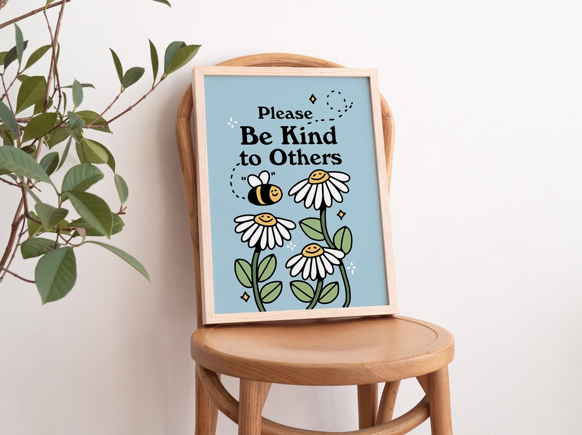 Please Be Kind To Others Smiling Bee Daisy Blue Nursery Poster - Image 3