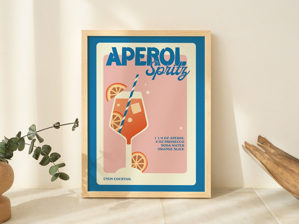Aperol Spritz Cocktail Recipe Retro Blue Pink Bar Kitchen Poster - Image 2