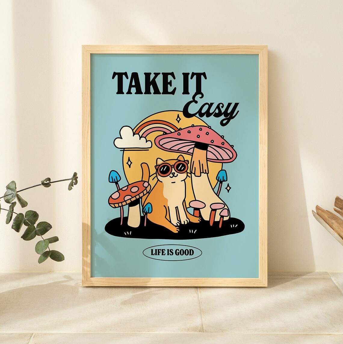 Take It Easy Cat Poster Mushroom Retro Groovy Y2K Trendy Dorm Room Print