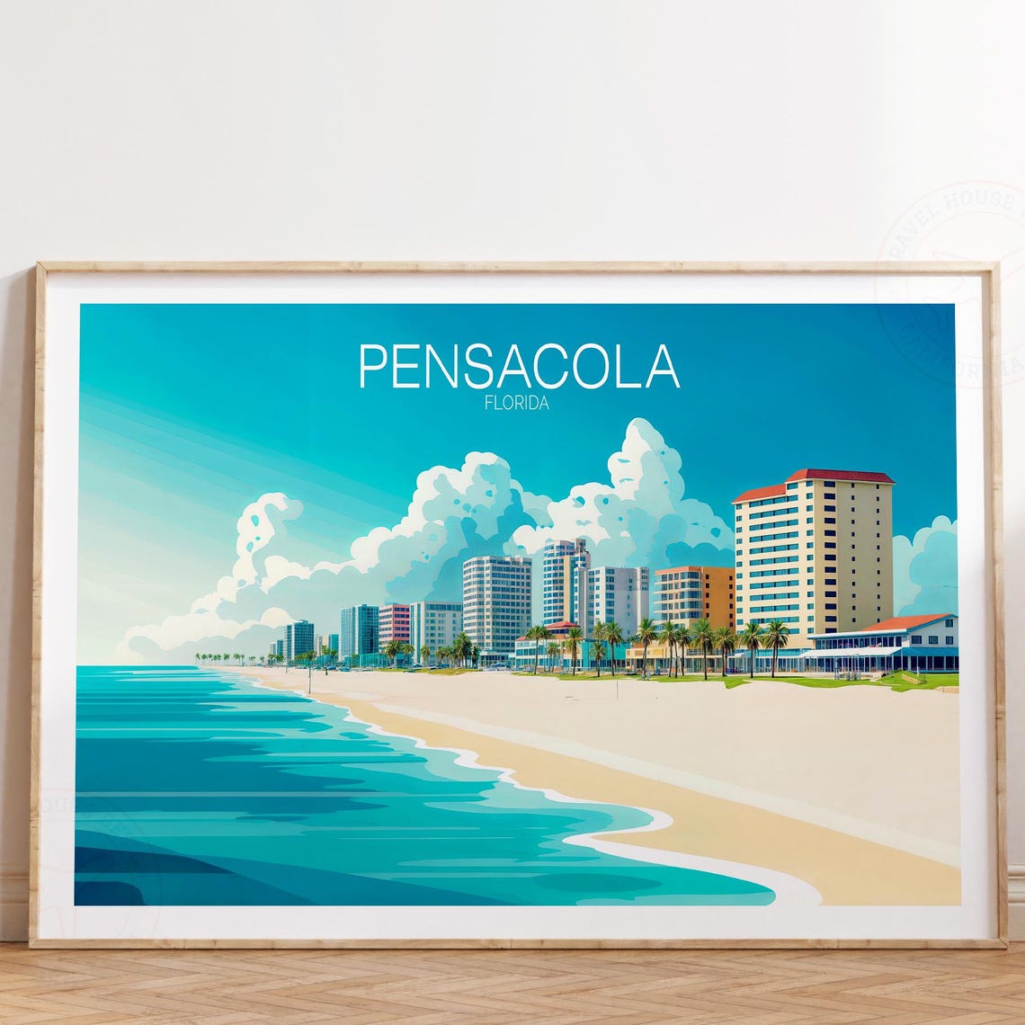 Pensacola Florida Beach Skyline Bold Lettered Travel Poster Art