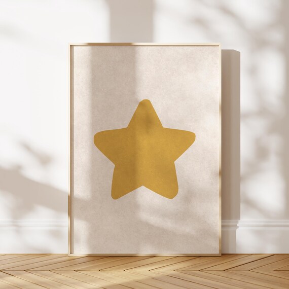 Retro Handdrawn Star Print Yellow Beige Minimalist Wall Art Trendy Bar Cart Decor