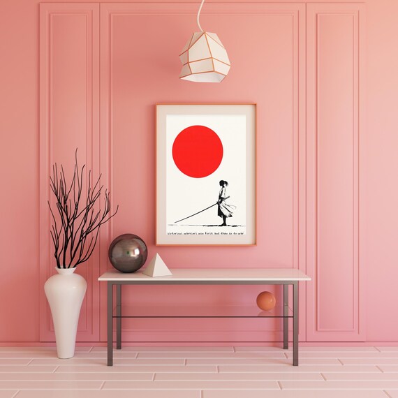 Samurai Woman Under Red Sun Zen Warrior Quote Japanese Art Poster
