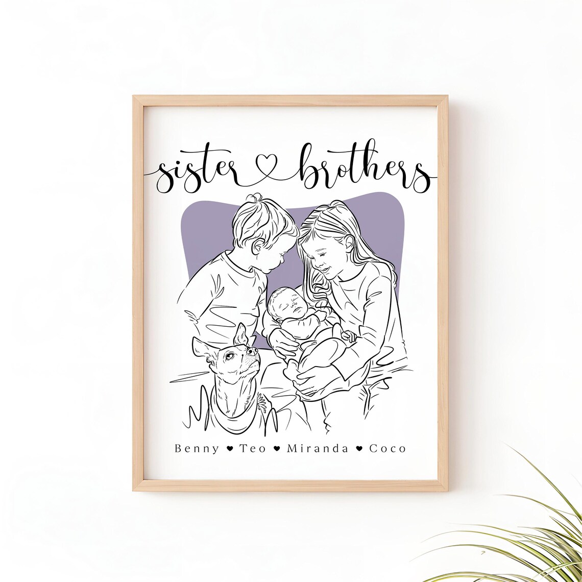 Sister and Brothers Sibling Line Art With New Baby and Dog Poster