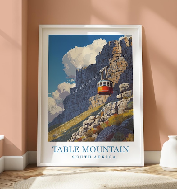 Table Mountain South Africa Cable Car Cliffs Illustrated Poster