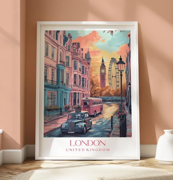 London Street Scene Big Ben and London Eye Sunset Art Poster