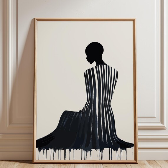 Woman in Striped Gown Ink Drip Bold Modern Boho Style Wall Art