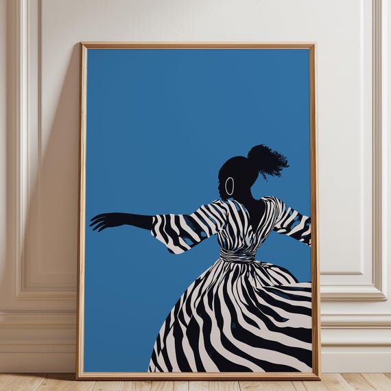 Female Abstract Poster Dancing Woman Drawing Minimalist Striped Illustration Blue Art Print Boho Mid Century Modern