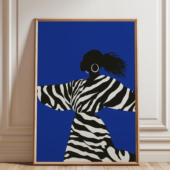 Minimalist Female Electric Blue Abstract Woman Illustration Dancing Girl Drawing Minimalist Striped Poster Mid Century Modern