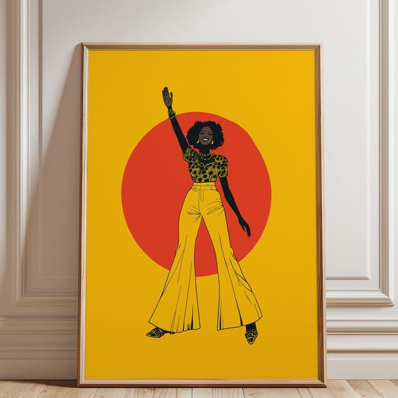 Retro Wall Art Print Minimalist Female Yellow Abstract Woman Illustration Dancing Girl Drawing Vintage Poster Mid Century Modern Art