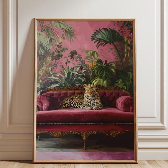 Leopard Lounging On Red Velvet Settee Pink Jungle Art Poster