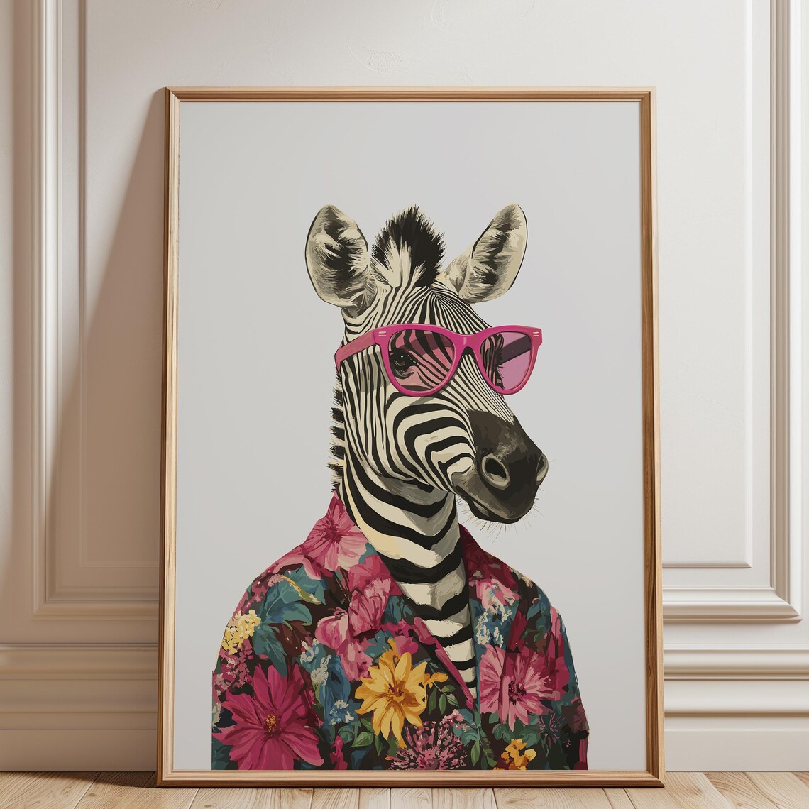 Playful Zebra In Pink Sunglasses Wearing Floral Shirt Animal Poster