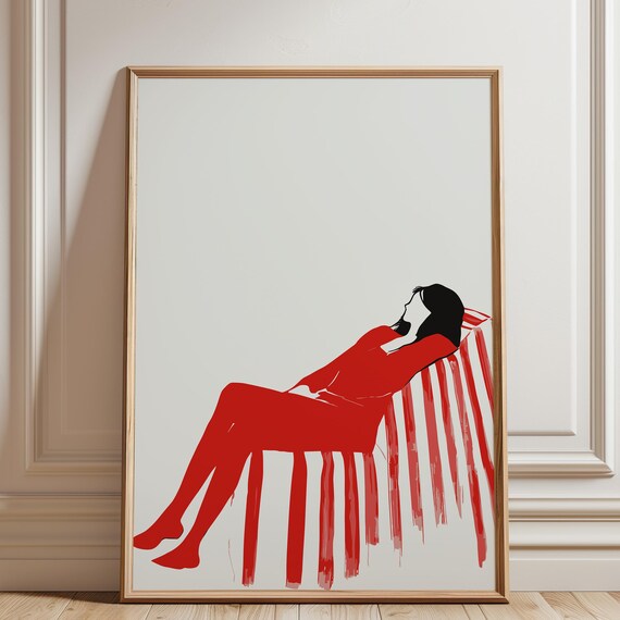 Elegant Woman In Red Dress Reclining Mid Century Modern Poster