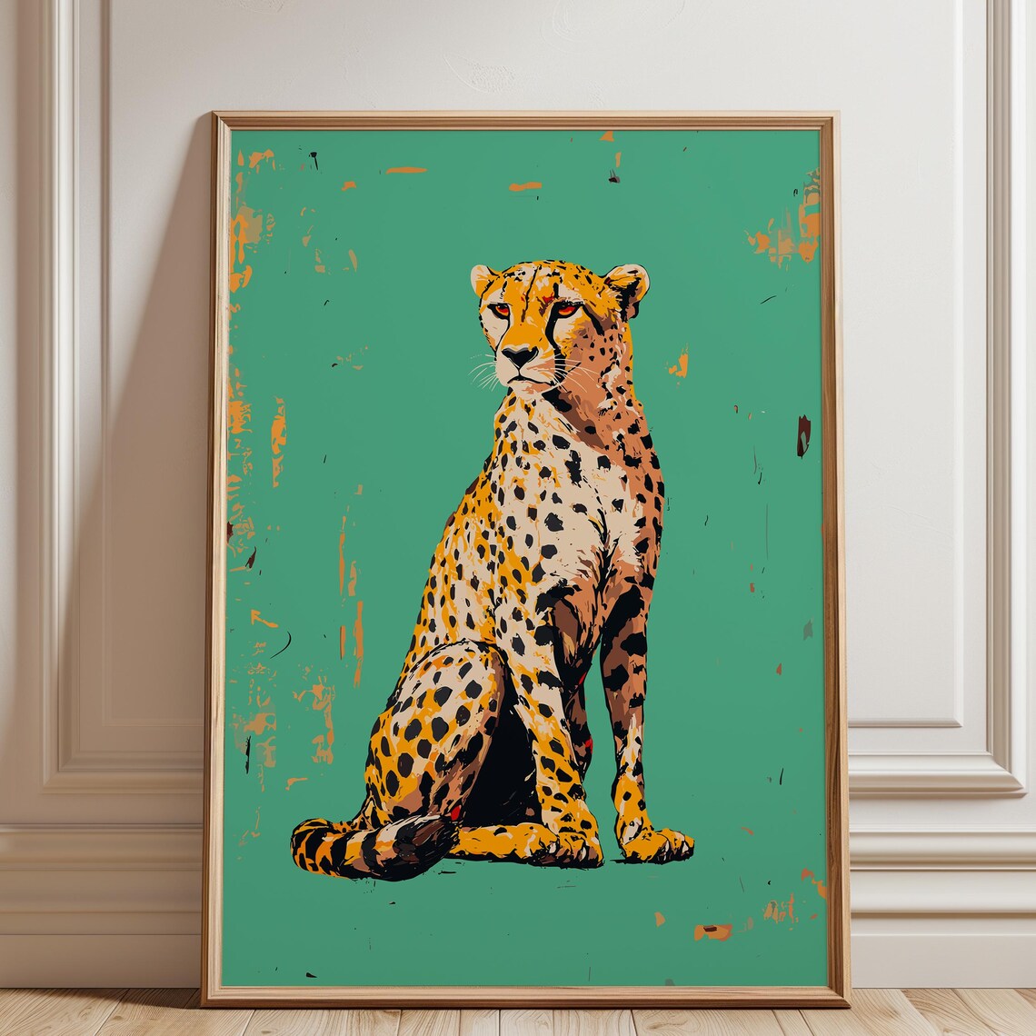 Cheetah Portrait On Distressed Teal Grunge Vintage Safari Poster